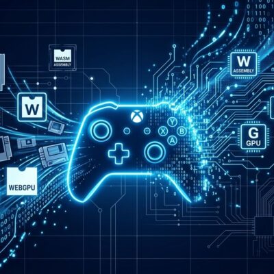 Xbox controller silhouette dissolving into binary code streams representing AI-assisted game decompilation and WebGPU browser porting