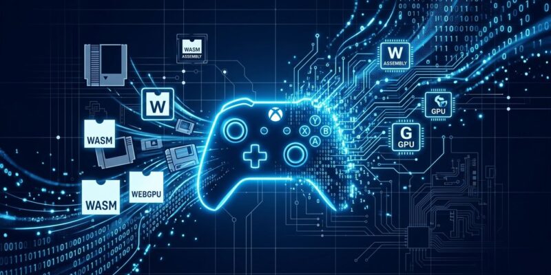 Xbox controller silhouette dissolving into binary code streams representing AI-assisted game decompilation and WebGPU browser porting