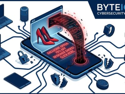 Smartphone displaying a targeted online ad with invisible zero-click spyware particles radiating outward through a dark surveillance network — illustrating the AdFection attack method