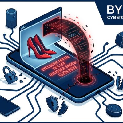 Smartphone displaying a targeted online ad with invisible zero-click spyware particles radiating outward through a dark surveillance network — illustrating the AdFection attack method