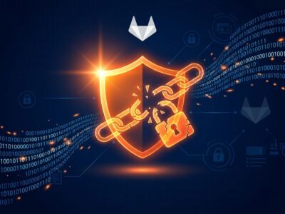 Warning shield with binary code streams representing GitLab CVE-2026-97229 critical security vulnerability