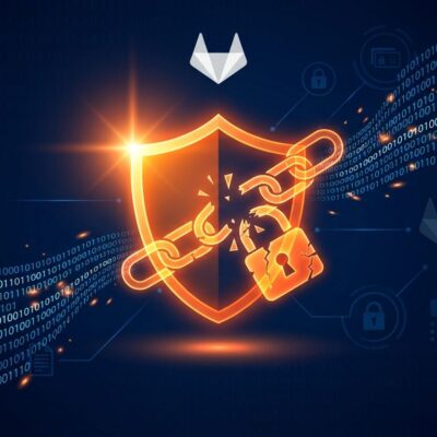 Warning shield with binary code streams representing GitLab CVE-2026-97229 critical security vulnerability