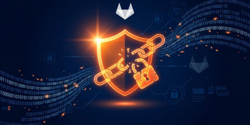 Warning shield with binary code streams representing GitLab CVE-2026-97229 critical security vulnerability