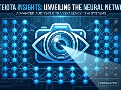 Abstract visualization of neural network nodes mostly glowing blue representing interpretable neurons with spotlight scanning effect