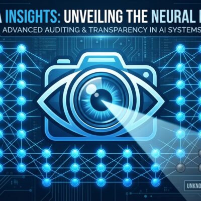 Abstract visualization of neural network nodes mostly glowing blue representing interpretable neurons with spotlight scanning effect