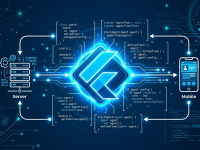 Flutter logo with Dart AI agent flow code snippets on a blue background representing Genkit Dart 1.0 stable release