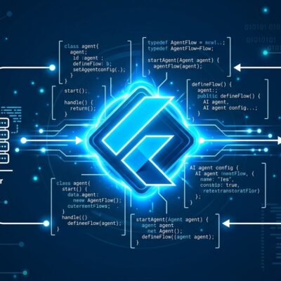 Flutter logo with Dart AI agent flow code snippets on a blue background representing Genkit Dart 1.0 stable release