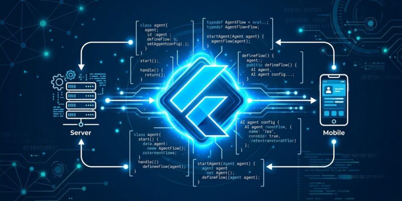 Flutter logo with Dart AI agent flow code snippets on a blue background representing Genkit Dart 1.0 stable release
