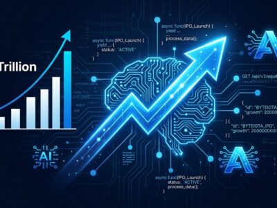 Anthropic IPO stock market chart with AI brain circuit design in blue and white, representing the trillion valuation and developer API implications