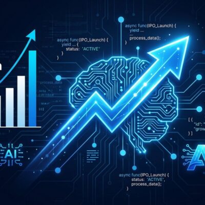 Anthropic IPO stock market chart with AI brain circuit design in blue and white, representing the trillion valuation and developer API implications