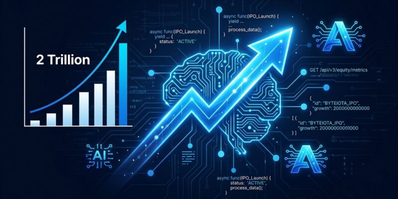 Anthropic IPO stock market chart with AI brain circuit design in blue and white, representing the trillion valuation and developer API implications