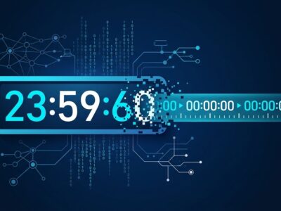 Digital clock showing 23:59:60 glitching as leap seconds are eliminated from UTC in 2027