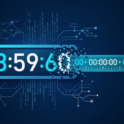 Digital clock showing 23:59:60 glitching as leap seconds are eliminated from UTC in 2027