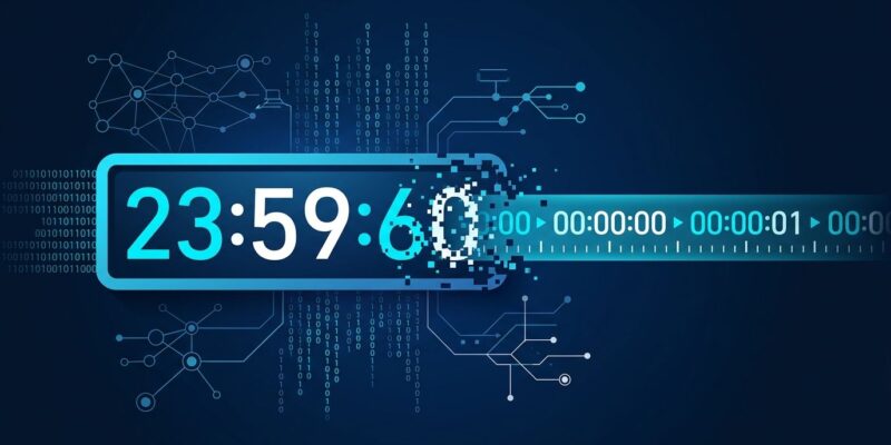 Digital clock showing 23:59:60 glitching as leap seconds are eliminated from UTC in 2027