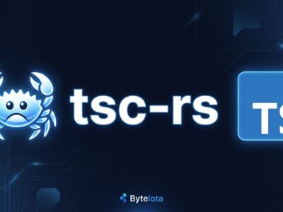 Rust and TypeScript logos with tsc-rs text on dark blue background