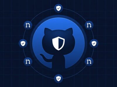 GitHub Agentic Autofix illustrated with GitHub logo and orbiting security fix icons in blue and white