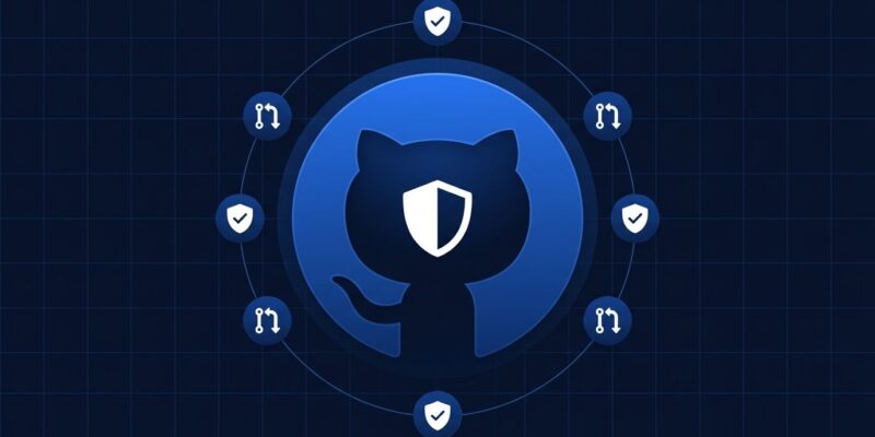 GitHub Agentic Autofix illustrated with GitHub logo and orbiting security fix icons in blue and white
