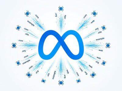Meta logo surrounded by web crawler bots and website icons flowing toward it, representing Meta scraping websites for AI training