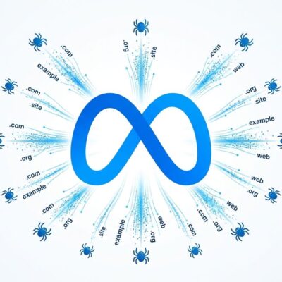 Meta logo surrounded by web crawler bots and website icons flowing toward it, representing Meta scraping websites for AI training