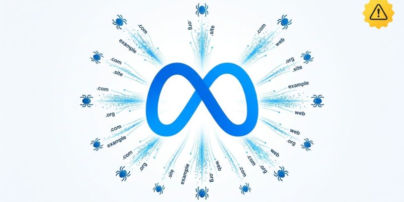 Meta logo surrounded by web crawler bots and website icons flowing toward it, representing Meta scraping websites for AI training