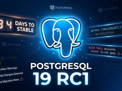 PostgreSQL 19 RC1 featured image showing database upgrade with REPACK CONCURRENTLY and breaking changes
