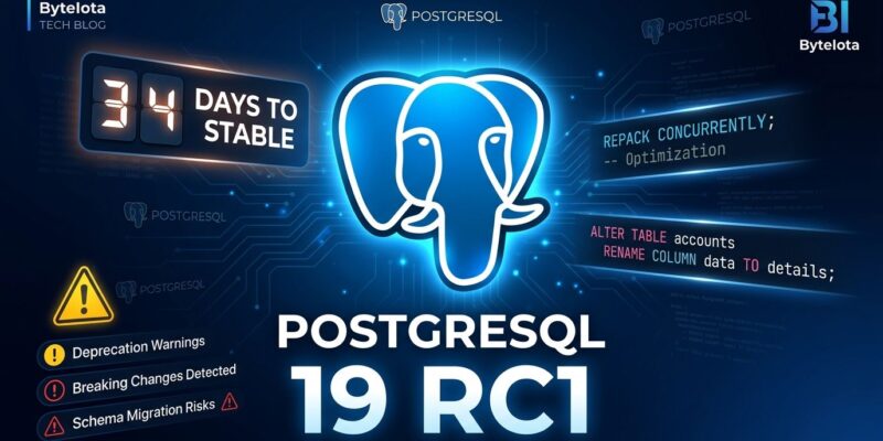PostgreSQL 19 RC1 featured image showing database upgrade with REPACK CONCURRENTLY and breaking changes