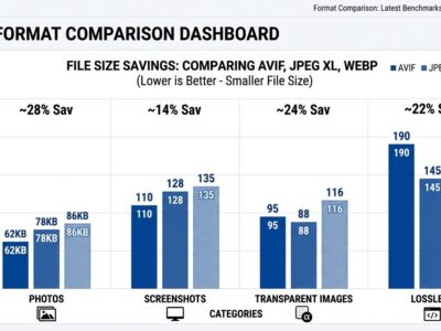 Bar chart comparing AVIF vs JPEG XL file sizes across photos, screenshots, transparent images, and lossless content