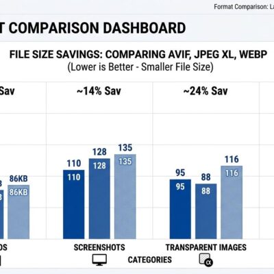 Bar chart comparing AVIF vs JPEG XL file sizes across photos, screenshots, transparent images, and lossless content