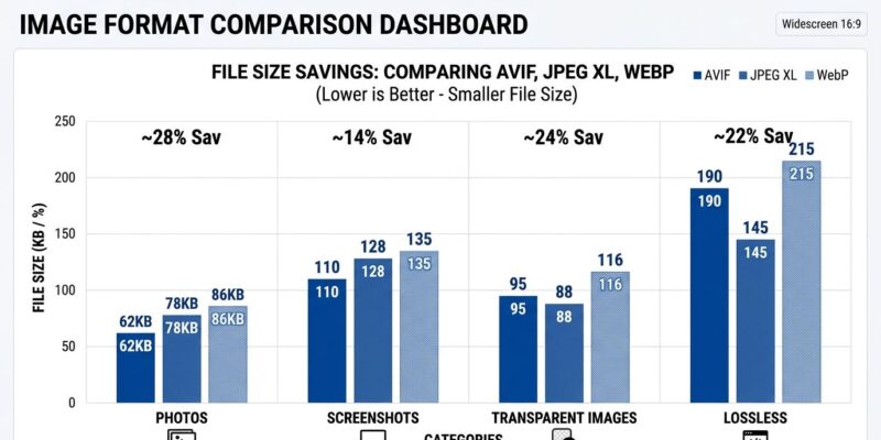 Bar chart comparing AVIF vs JPEG XL file sizes across photos, screenshots, transparent images, and lossless content