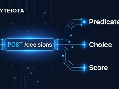OpenAI Decisions API diagram showing three typed answer types: Predicate, Choice, and Score branching from a POST /decisions endpoint