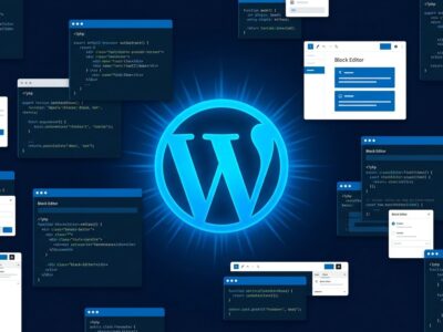 WordPress 7.2 Beta 1 block editor UI with floating code blocks and the WordPress W logo in blue and white