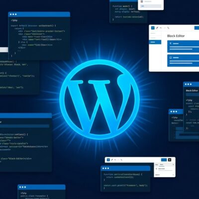 WordPress 7.2 Beta 1 block editor UI with floating code blocks and the WordPress W logo in blue and white