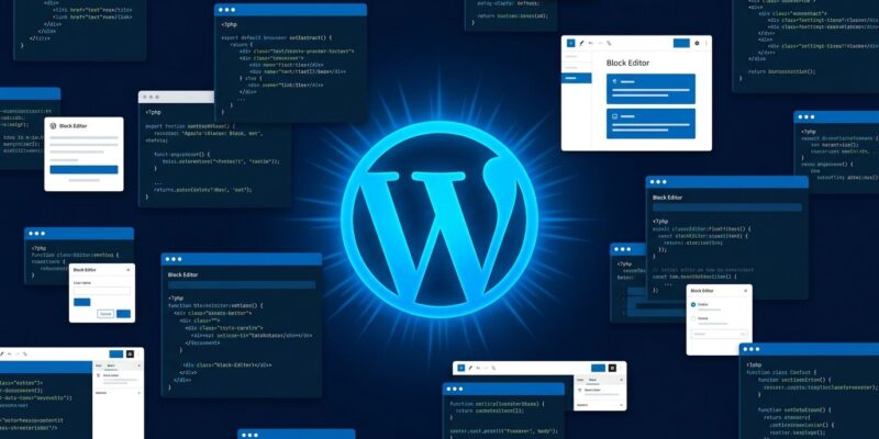 WordPress 7.2 Beta 1 block editor UI with floating code blocks and the WordPress W logo in blue and white