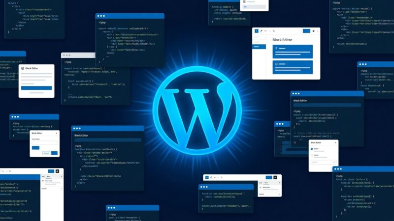 WordPress 7.2 Beta 1 block editor UI with floating code blocks and the WordPress W logo in blue and white