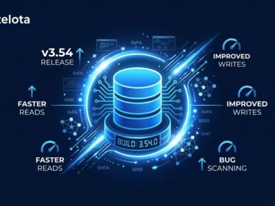 SQLite 3.54 database release featuring performance gains and AI-discovered bug fixes on a blue circuit background