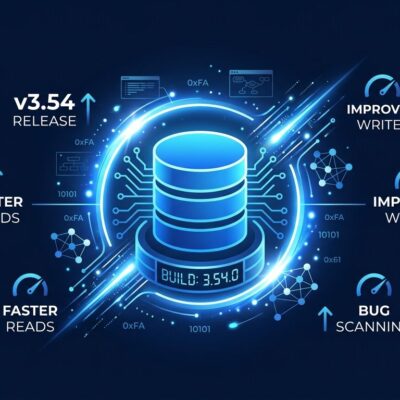 SQLite 3.54 database release featuring performance gains and AI-discovered bug fixes on a blue circuit background
