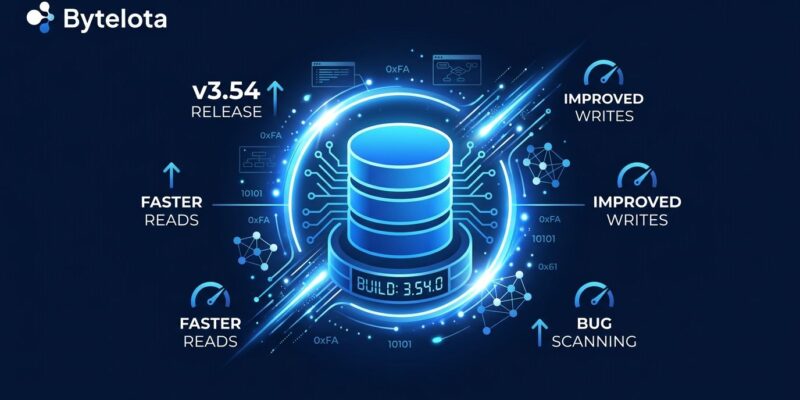 SQLite 3.54 database release featuring performance gains and AI-discovered bug fixes on a blue circuit background