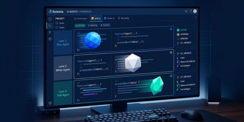 JetBrains Air EAP showing multiple AI coding agents running in parallel inside an IDE with a dark blue dashboard interface