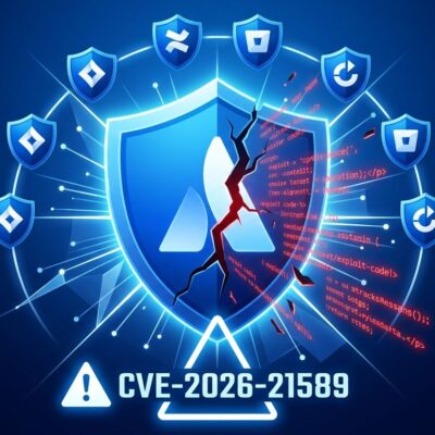 Atlassian shield icon cracking to symbolize CVE-2026-21589 critical vulnerability affecting Jira, Confluence, Bitbucket and 5 more Data Center products