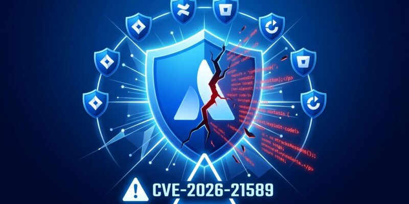 Atlassian shield icon cracking to symbolize CVE-2026-21589 critical vulnerability affecting Jira, Confluence, Bitbucket and 5 more Data Center products
