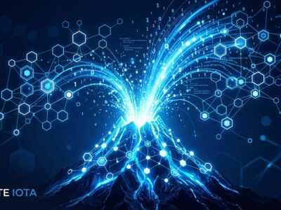 Kong Volcano platform diagram showing interconnected AI agent nodes with blue data streams on dark background