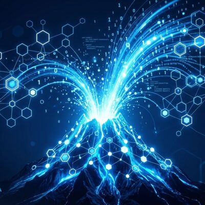 Kong Volcano platform diagram showing interconnected AI agent nodes with blue data streams on dark background