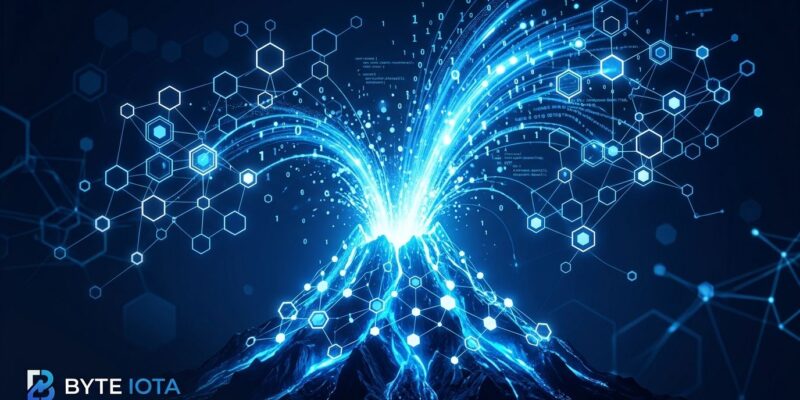 Kong Volcano platform diagram showing interconnected AI agent nodes with blue data streams on dark background