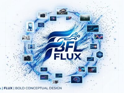 FLUX 3 Image Klein open-weights model concept - Blue particle dispersion with image frames orbiting central logo