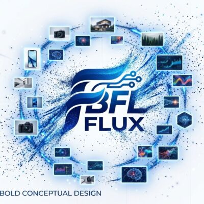 FLUX 3 Image Klein open-weights model concept - Blue particle dispersion with image frames orbiting central logo
