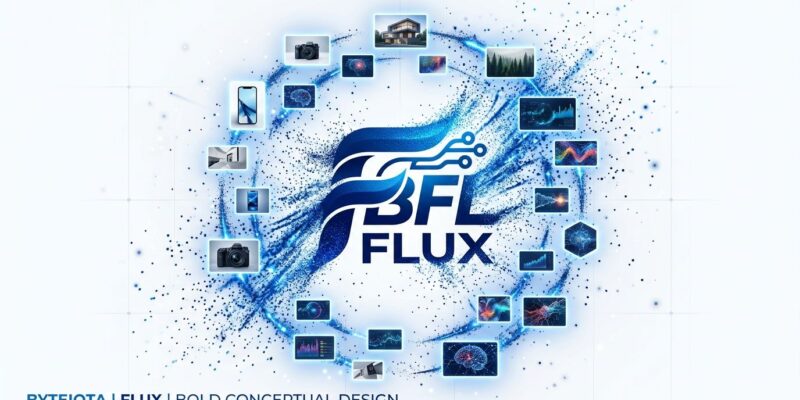 FLUX 3 Image Klein open-weights model concept - Blue particle dispersion with image frames orbiting central logo