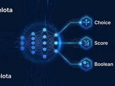 Visualization of Jev decision model branching into typed outputs: Choice, Score, and Boolean nodes on a dark blue circuit board background