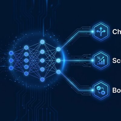Visualization of Jev decision model branching into typed outputs: Choice, Score, and Boolean nodes on a dark blue circuit board background