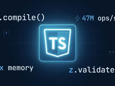 TypeScript code with z.compile() and z.validate() schema compilation in Zod 4.5 showing 47M ops/sec performance benchmark