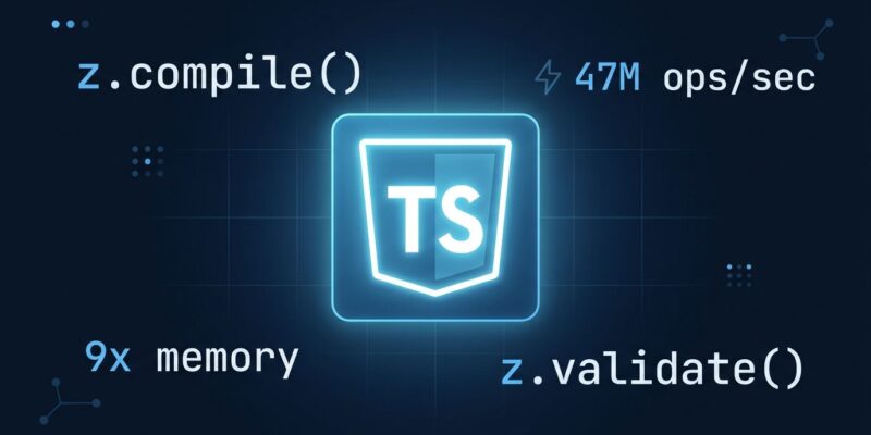 TypeScript code with z.compile() and z.validate() schema compilation in Zod 4.5 showing 47M ops/sec performance benchmark
